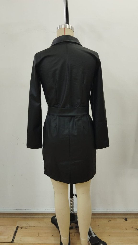 Kadın Uzun Kollu Yakalı Cepli önü Fermuarlı Mini Deri Elbise, 31759
