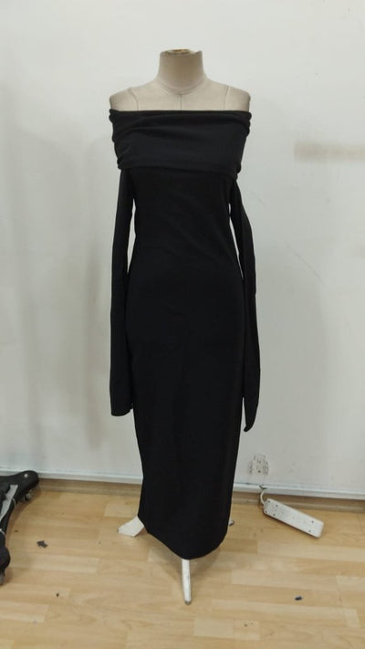 Rochie lungă din crep importat, cu decolteu Madonna și mâneci lungi cu crăpături, pentru femei, 31799