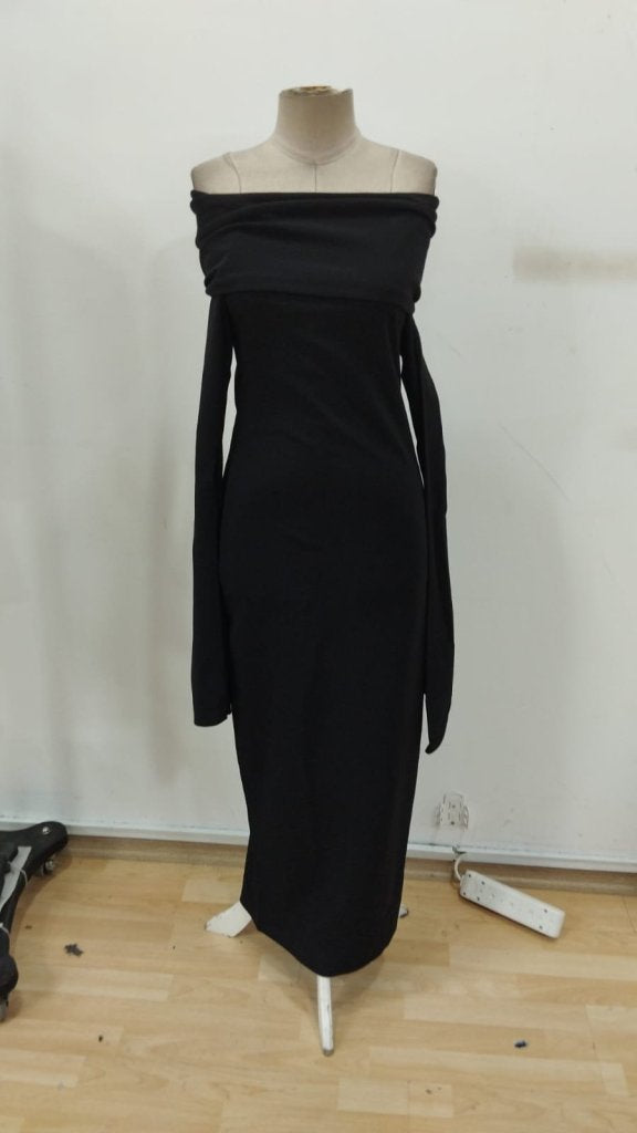 Rochie lungă din crep importat, cu decolteu Madonna și mâneci lungi cu crăpături, pentru femei, 31799