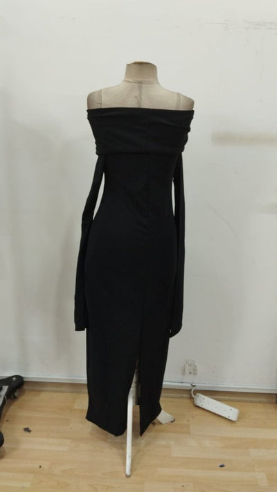 Rochie lungă din crep importat, cu decolteu Madonna și mâneci lungi cu crăpături, pentru femei, 31799
