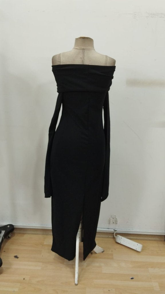 Rochie lungă din crep importat, cu decolteu Madonna și mâneci lungi cu crăpături, pentru femei, 31799