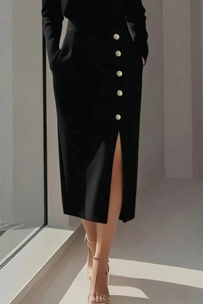 Rochie midi din crep importat, cu mânecă lungă, decolteu rotund, crăpătură laterală și nasturi, 38809