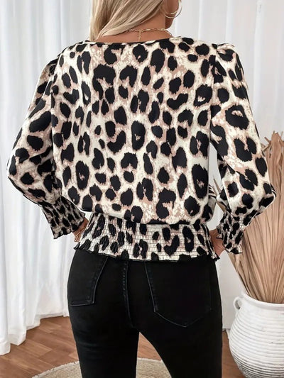Women's Long Sleeve Crew Neck Leopard Print Modal Blouse, 30401