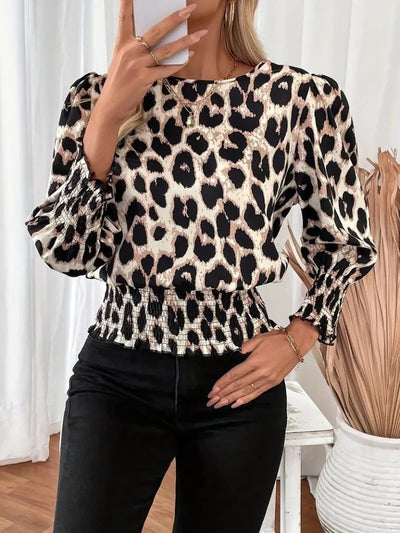 Women's Long Sleeve Crew Neck Leopard Print Modal Blouse, 30401