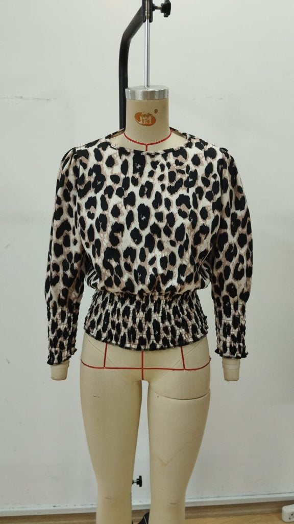 Women's Long Sleeve Crew Neck Leopard Print Modal Blouse, 30401