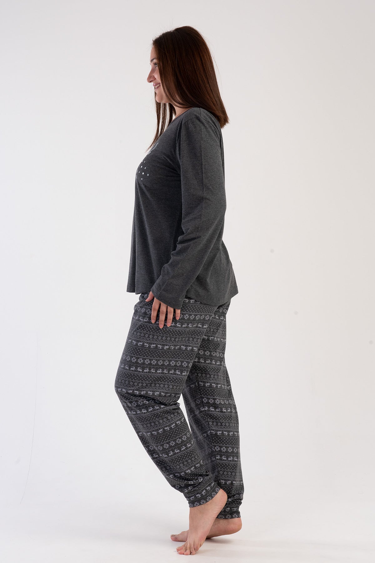 Set pijama de damă P.SUPREM XXL cu guler rotund, mânecă lungă, tiv oval și manșete – ANTRACIT