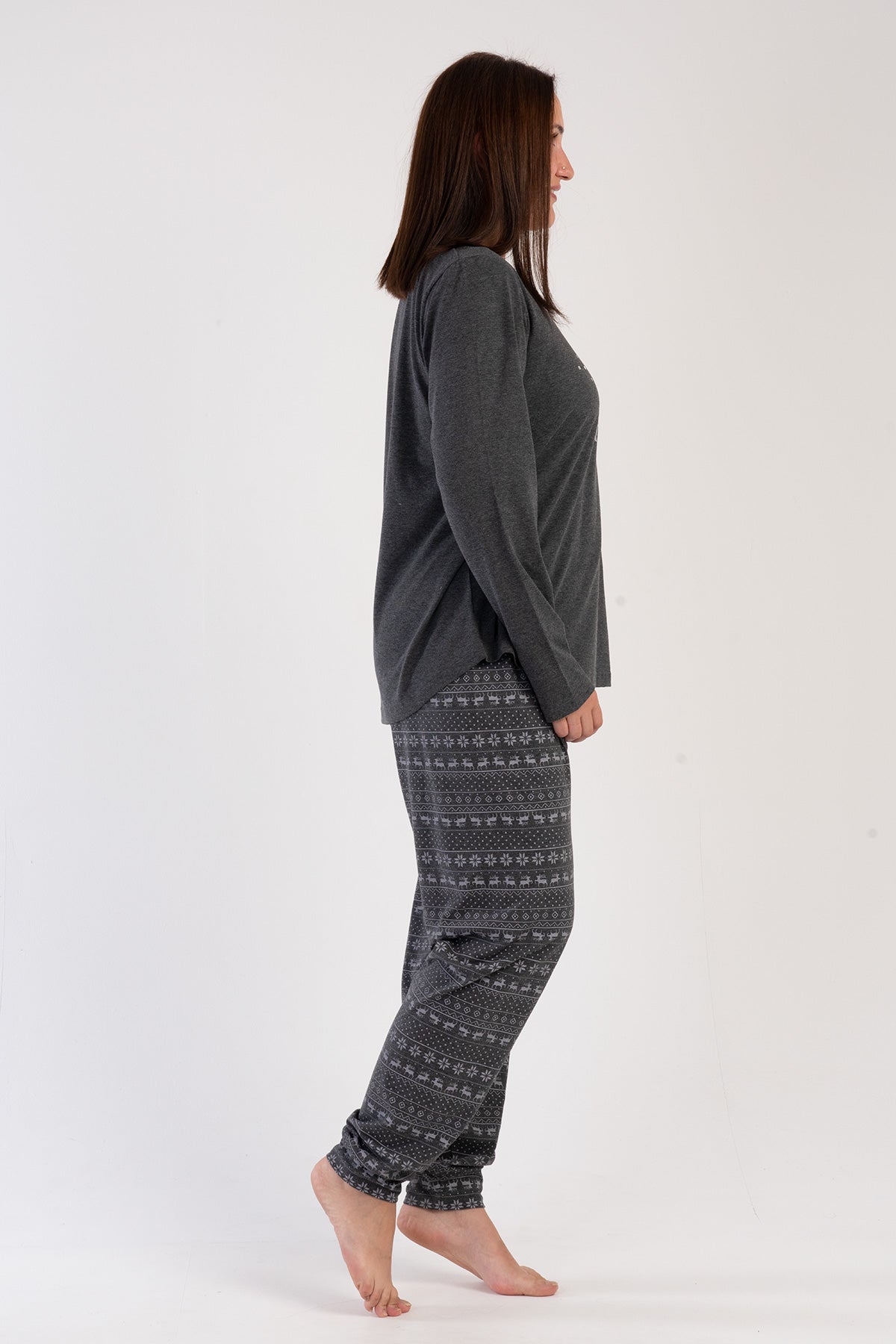 Set pijama de damă P.SUPREM XXL cu guler rotund, mânecă lungă, tiv oval și manșete – ANTRACIT