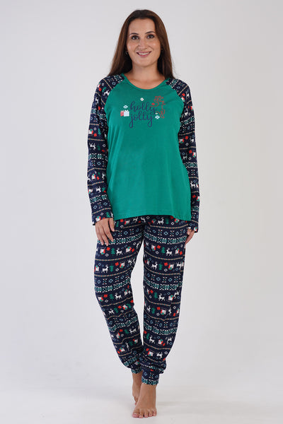 Kadın Penye Süprem Xxl O Yaka Reglan Uzun Kol Eteği Oval Manşetli Pijama Takım - Yeşil