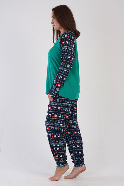 Kadın Penye Süprem Xxl O Yaka Reglan Uzun Kol Eteği Oval Manşetli Pijama Takım - Yeşil