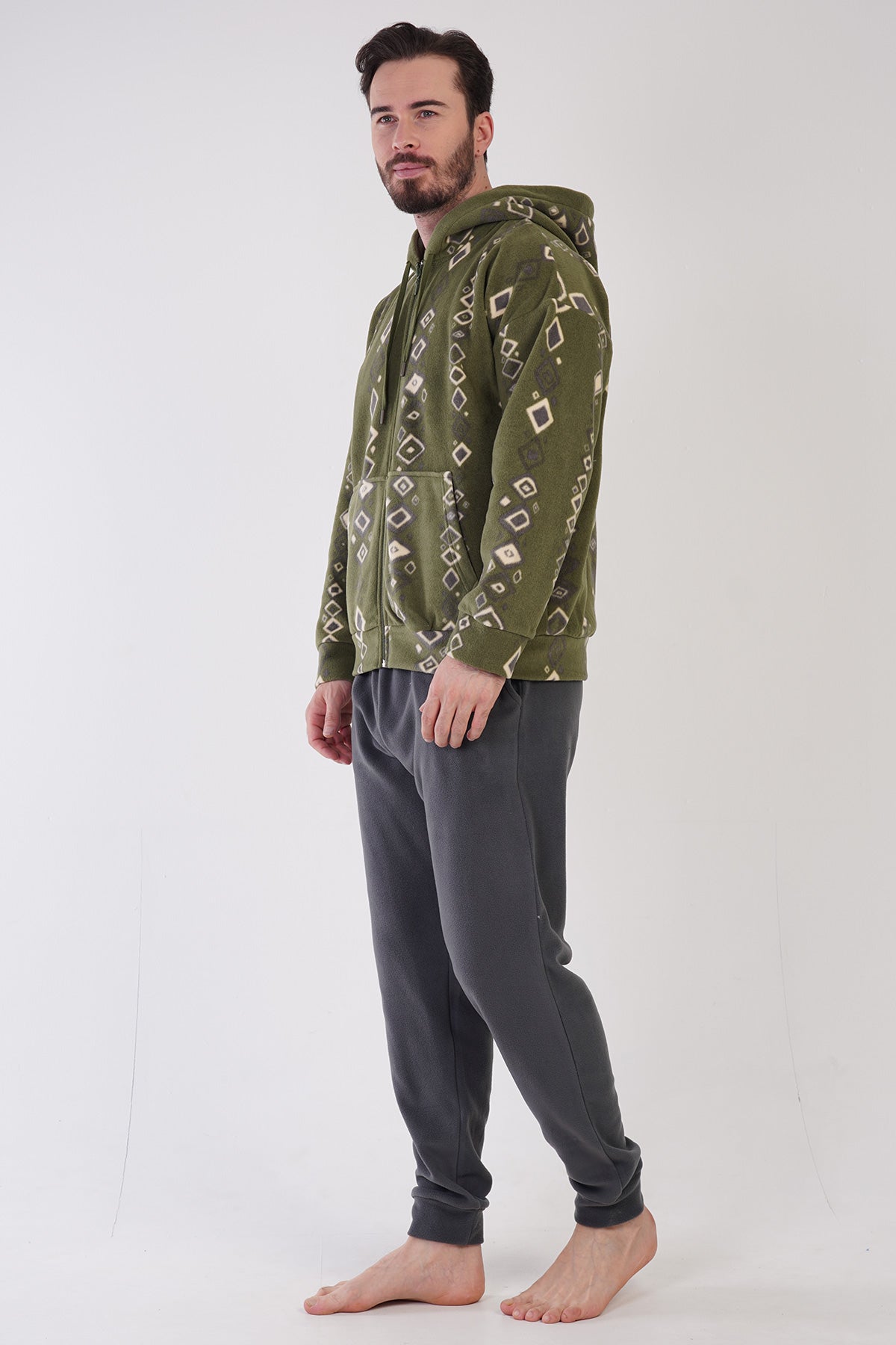 Set de pijamale pentru bărbați, din fleece, cu glugă, buzunare, umeri căzuți, fermoar, mânecă lungă cu manșete - Kaki