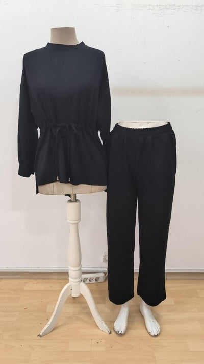 Set de două piese pentru femei, din viscoză, cu două fire, bluză și pantaloni, guler rotund, talie cu șnur, 32055
