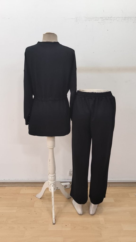 Set de două piese pentru femei, din viscoză, cu două fire, bluză și pantaloni, guler rotund, talie cu șnur, 32055