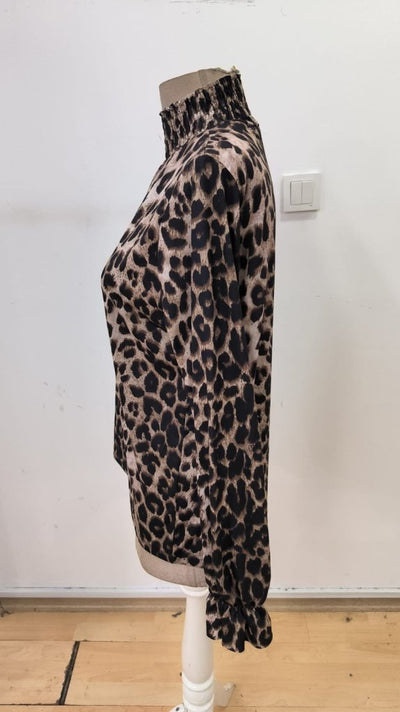 Women's Long-Sleeved Guipure Detail Turtleneck Leopard Print Supreme Blouse, 31728