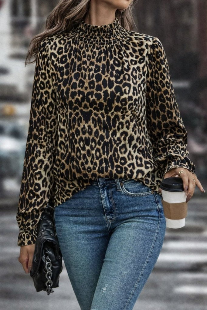 Women's Long-Sleeved Guipure Detail Turtleneck Leopard Print Supreme Blouse, 31728
