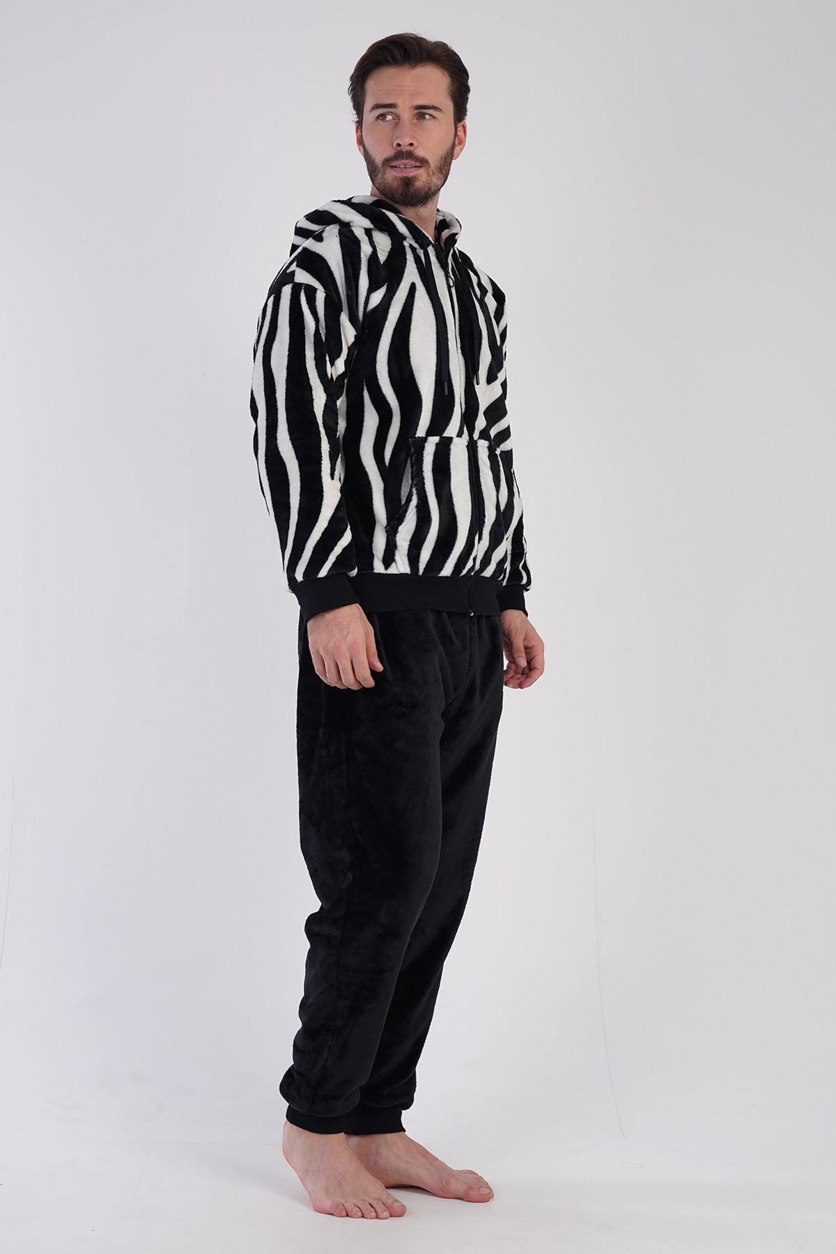 Set de pijama pentru bărbați, din fleece, cu glugă, umeri căzuți, mâneci lungi, fermoar, manșete și buzunare - Negru