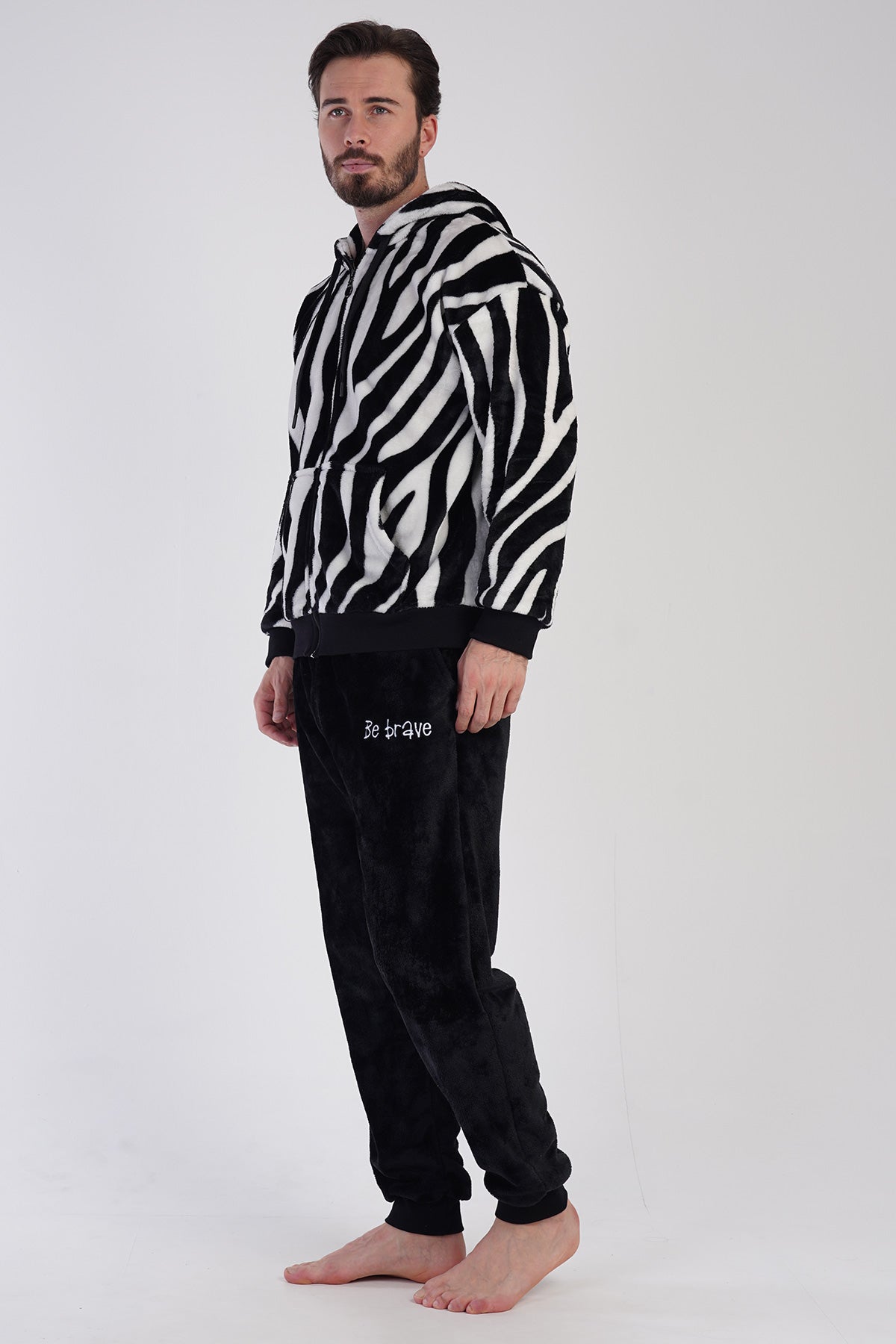 Set de pijama pentru bărbați, din fleece, cu glugă, umeri căzuți, mâneci lungi, fermoar, manșete și buzunare - Negru