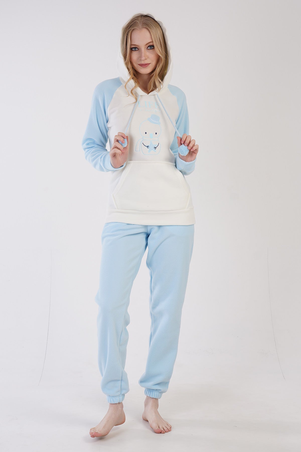 Kadın Polar Kapşonlu Reglan Uzun Kol Kanguru Cepli Paçası Büzgülü Manşetli Cepli Pijama Takım - Mavi