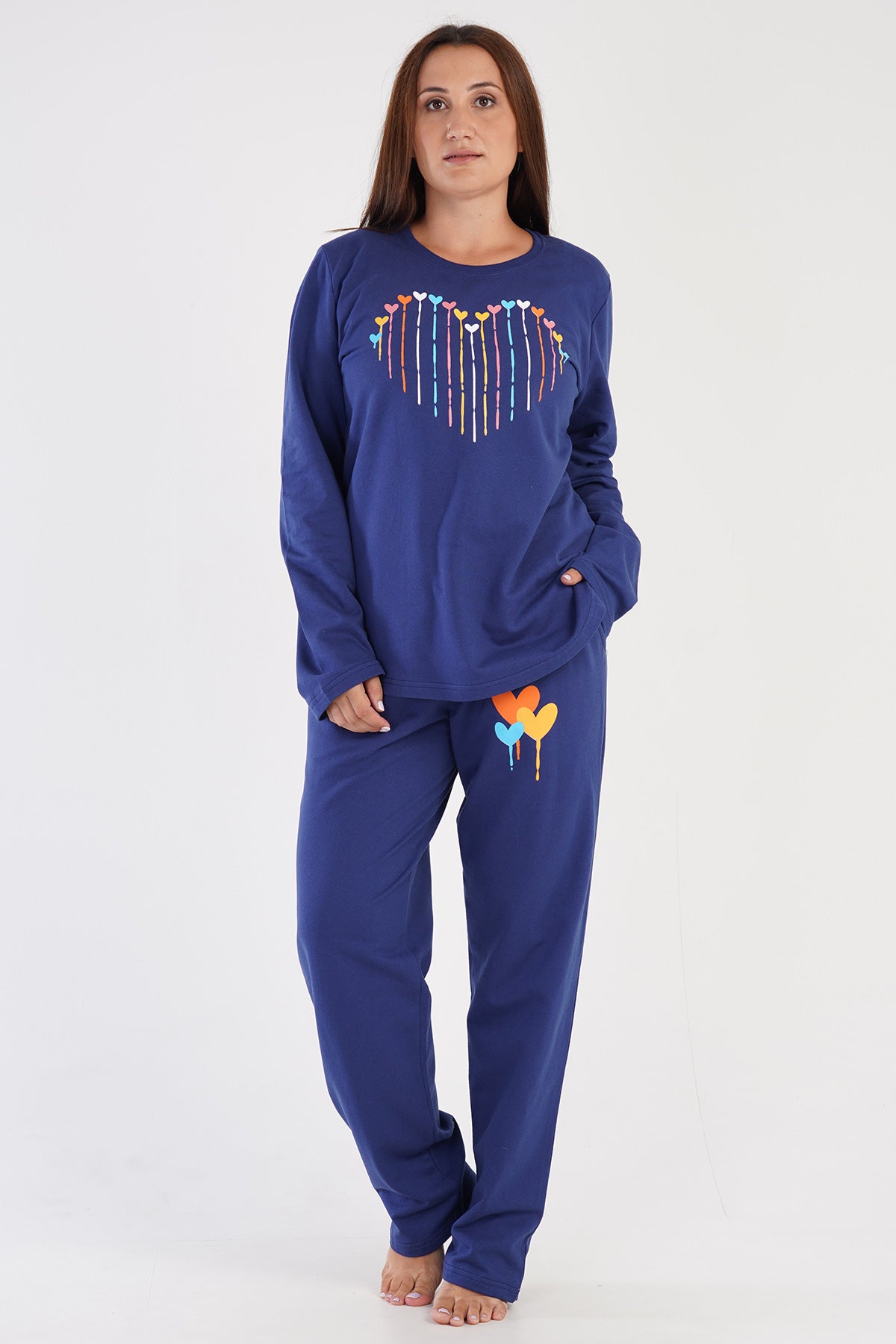 SET PIJAMA FEMEI 2 FIRE XXL GULER ROTUND MÂNECĂ LUNGĂ CU BUZUNARE OVALE ȘI TIV ROTUND - 1193INDIGO