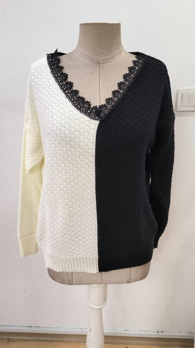 Bluză tricot cu mâneci lungi și guler în V, bicoloră, 32330