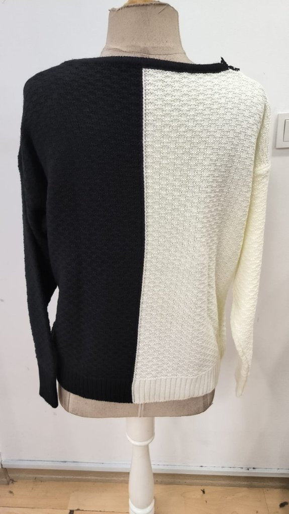 Bluză tricot cu mâneci lungi și guler în V, bicoloră, 32330