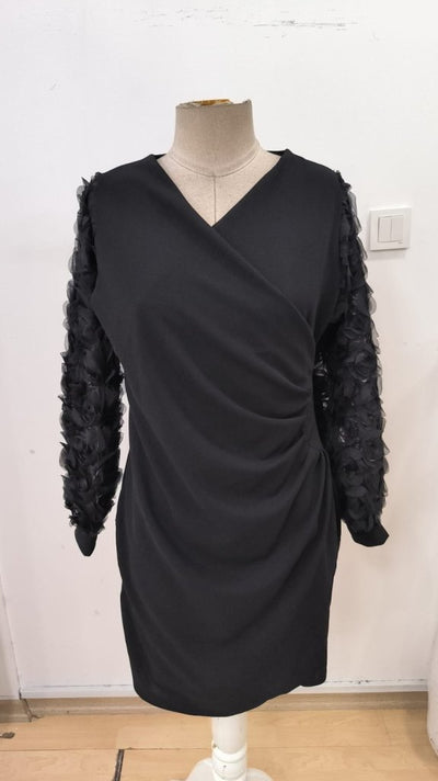 Rochie mini din crep importat pentru femei, cu mâneci lungi, decolteu înfășurat, detaliu încrucișat în față, mâneci cu detaliu floral din dantelă, 30536