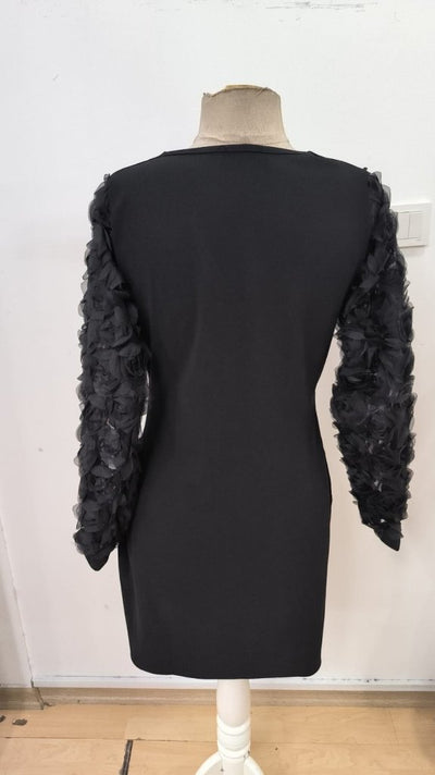 Rochie mini din crep importat pentru femei, cu mâneci lungi, decolteu înfășurat, detaliu încrucișat în față, mâneci cu detaliu floral din dantelă, 30536