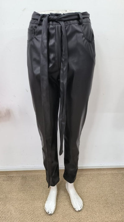 Pantaloni din piele cu talie înaltă și curea pentru femei, 31935