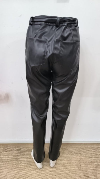 Pantaloni din piele cu talie înaltă și curea pentru femei, 31935