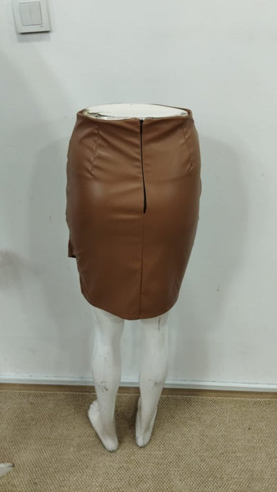 Kadın Yüksek Bel Yandan Fermuarlı Pileli Mini Deri Etek, 30562