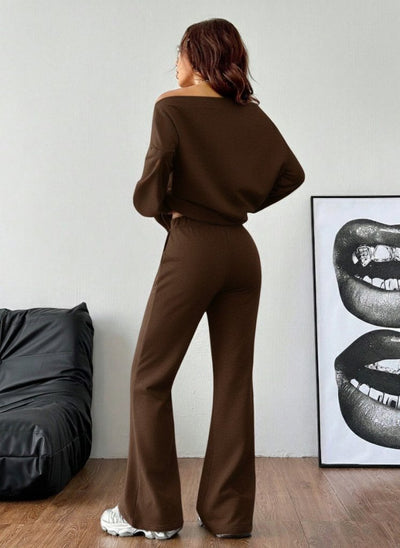 Set de două piese pentru femei, cu mânecă lungă, un umăr, bluză și pantaloni, cu două fire, 30595