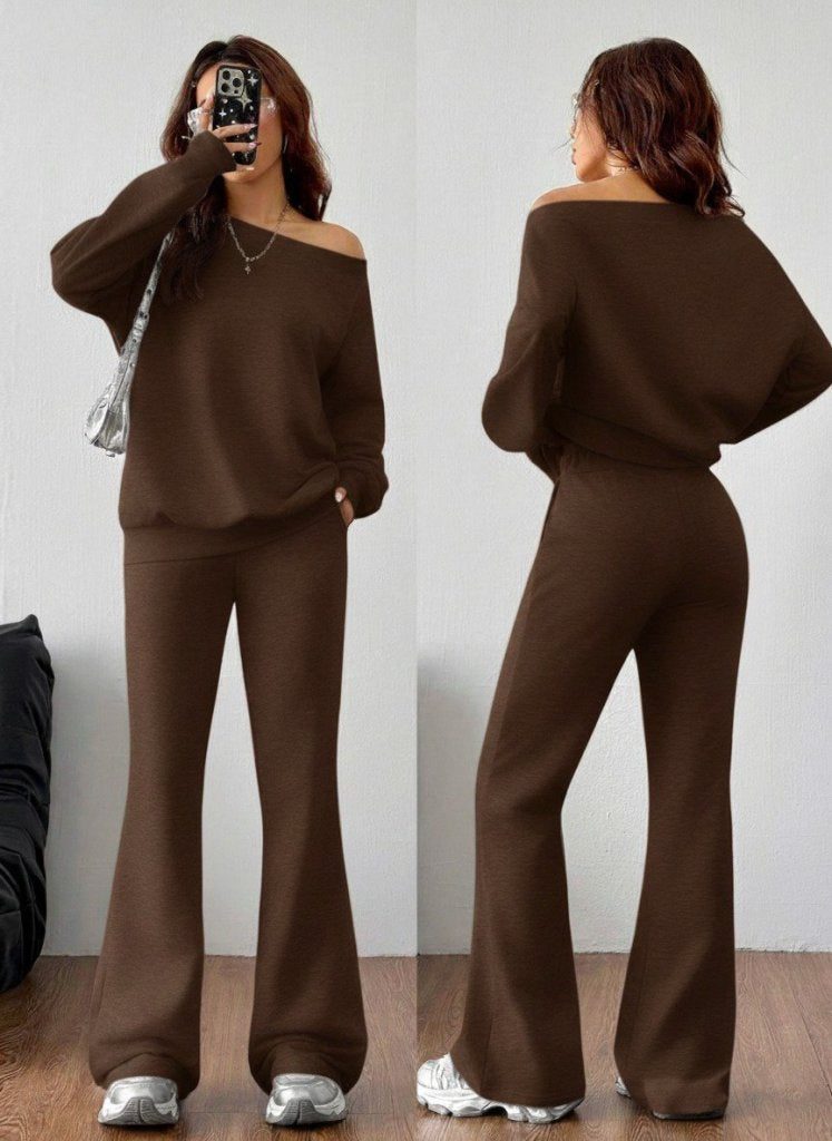 Set de două piese pentru femei, cu mânecă lungă, un umăr, bluză și pantaloni, cu două fire, 30595