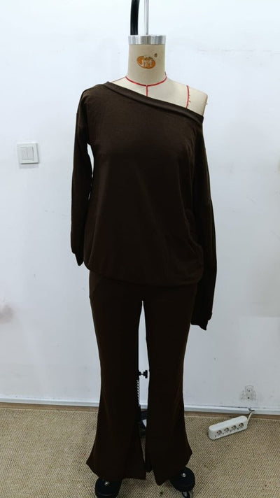 Set de două piese pentru femei, cu mânecă lungă, un umăr, bluză și pantaloni, cu două fire, 30595