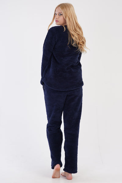 SET PIJAMA DE DAMĂ, CU GULER ROTUND, MÂNECĂ LUNGĂ, TIV ROTUNJIT ȘI BUZUNARE, DIN WELSOFT - BLEUMARIN ÎNCHIS