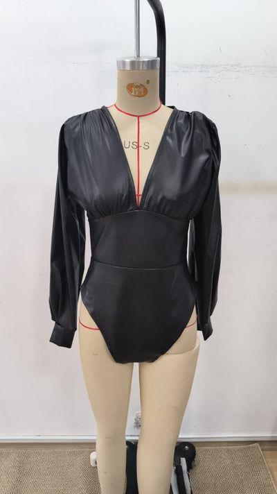Women's Long Sleeve Deep V-Neck Leather Bodysuit, 31999