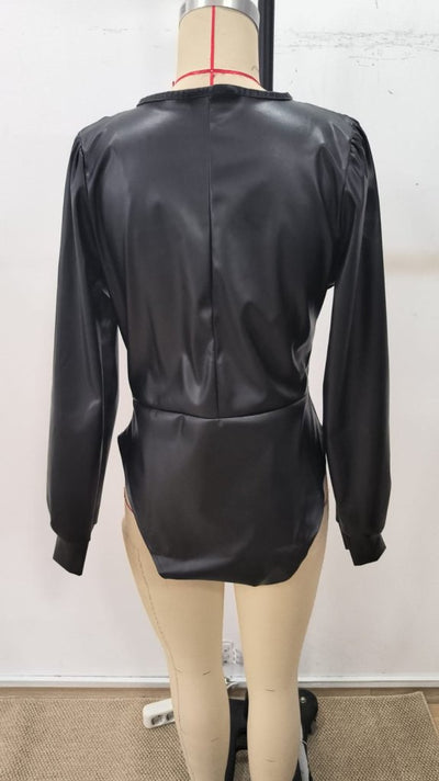 Women's Long Sleeve Deep V-Neck Leather Bodysuit, 31999