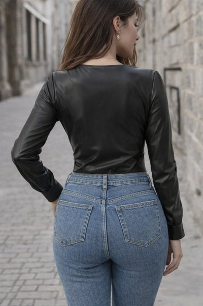 Women's Long Sleeve Deep V-Neck Leather Bodysuit, 31999