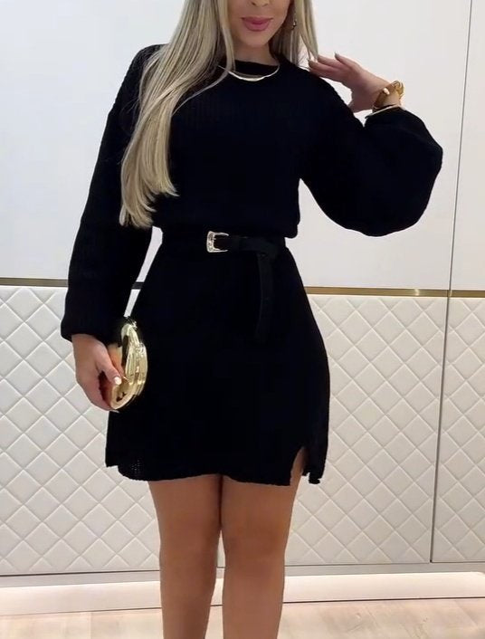 Rochie scurtă tricotată cu mânecă lungă și guler rotund pentru femei, 30705