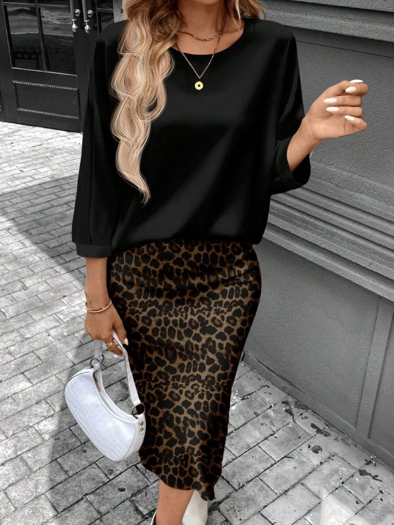 Kadın Uzun Kollu Bisiklet Yaka Modal Bluz Ve Leopar Desenli Etek Ikili Takım , 30680
