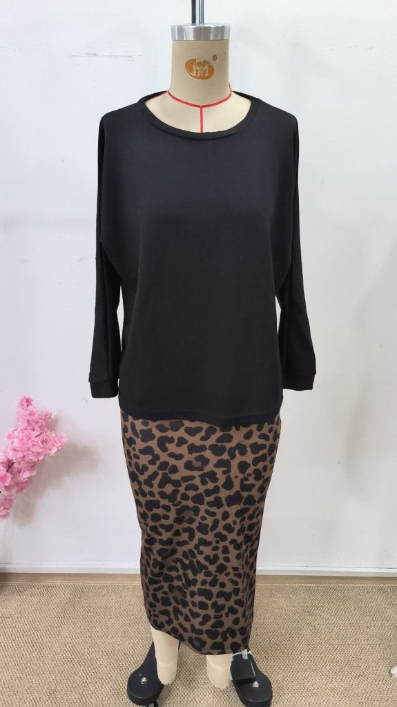 Kadın Uzun Kollu Bisiklet Yaka Modal Bluz Ve Leopar Desenli Etek Ikili Takım , 30680