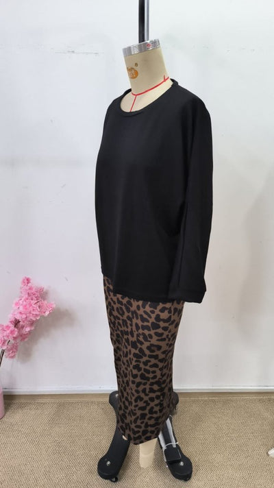 Kadın Uzun Kollu Bisiklet Yaka Modal Bluz Ve Leopar Desenli Etek Ikili Takım , 30680