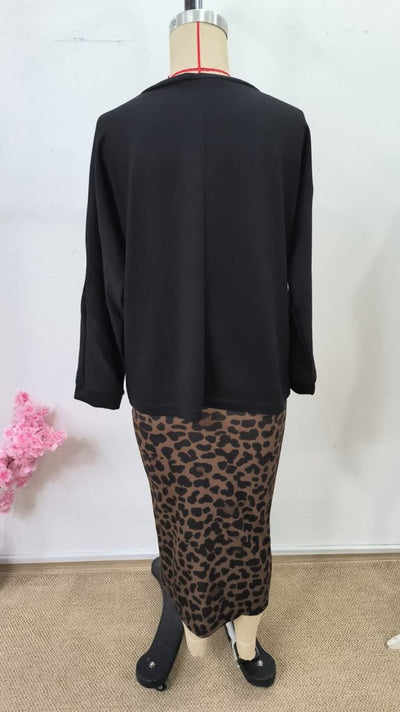 Kadın Uzun Kollu Bisiklet Yaka Modal Bluz Ve Leopar Desenli Etek Ikili Takım , 30680