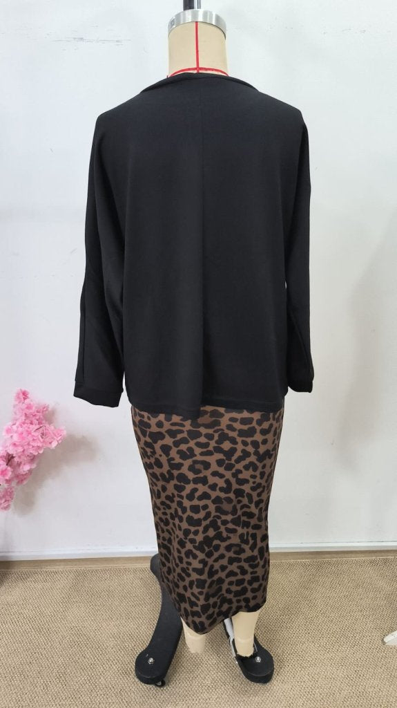 Kadın Uzun Kollu Bisiklet Yaka Modal Bluz Ve Leopar Desenli Etek Ikili Takım , 30680