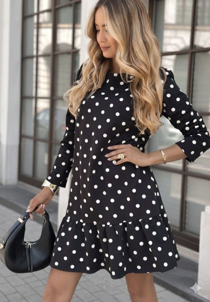Women's Long Sleeve Crew Neck Ruffled Polka Dot Short Modal Dress, 31539