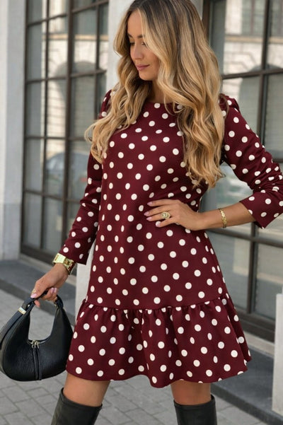 Rochie scurtă din modal cu mânecă lungă, guler rotund, volane, buline, pentru femei, 31540