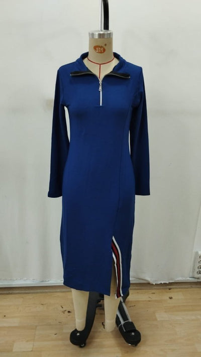 Rochie midi din viscoză, cu două fire, cu guler înalt și fermoar în față, pentru femei, 32282