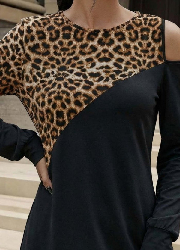 Kadın Uzun Kollu Omuzdan Açık Leopar Desenli Viskon Iki Iplik Mini Elbise , 30700