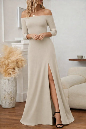 Rochie lungă din crep importat, cu mânecă lungă și decolteu Madonna, pentru femei, 31828