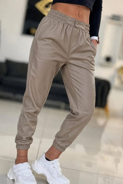 Pantaloni din piele pentru femei, cu talie înaltă, elastic și nasturi în față, 34425