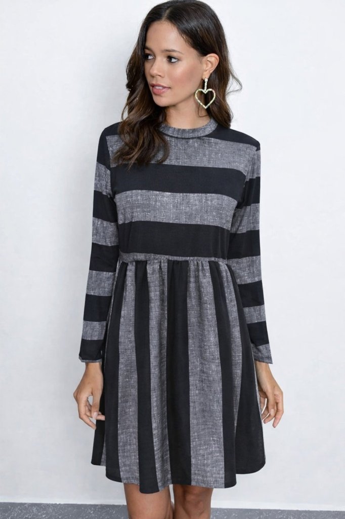 Rochie mini Supreme pentru femei, cu mânecă lungă, guler rotund și detalii cu dungi, 31808