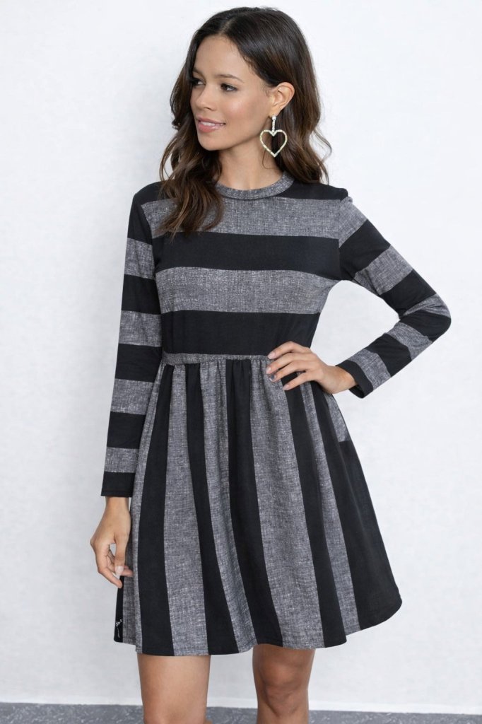 Rochie mini Supreme pentru femei, cu mânecă lungă, guler rotund și detalii cu dungi, 31808